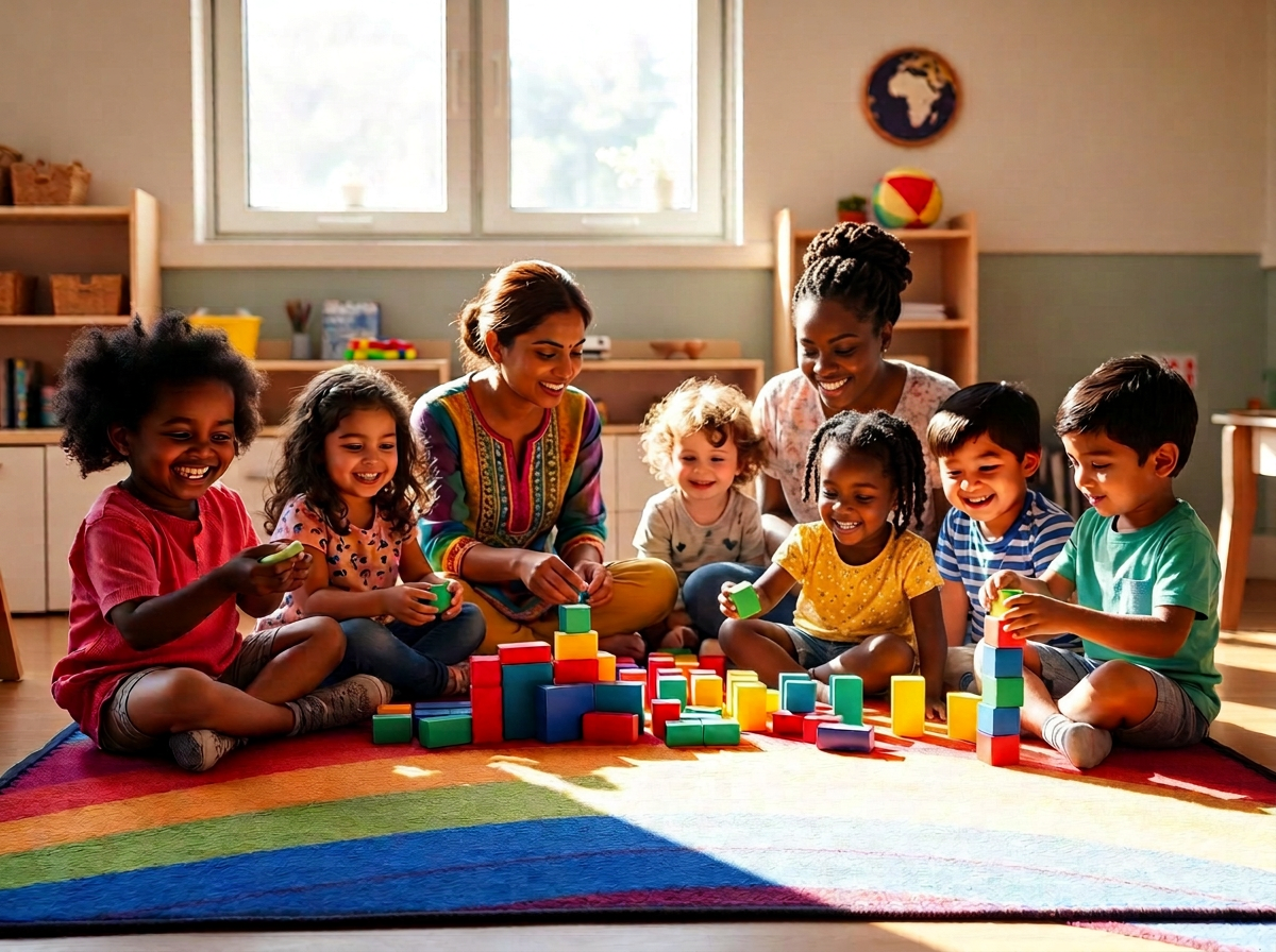 Smiling children building with colorful blocks and painting on a rainbow rug with their teacher