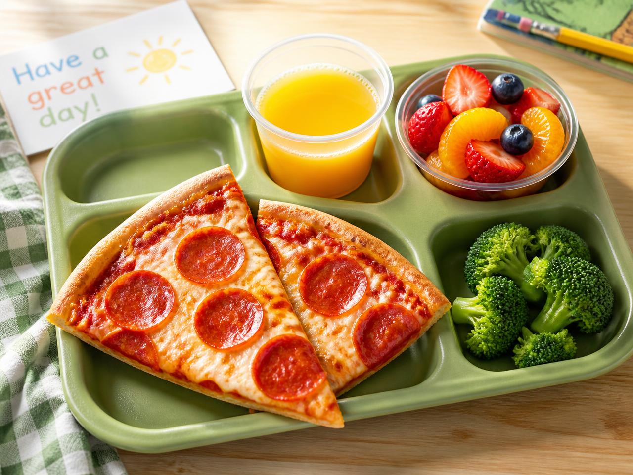 Cheese pizza, fresh fruit and juice on a wooden table